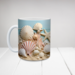 Beach seashells ceramic mug personalized with name. 3D sandy shoreline coffee cup 11 oz. Custom coastal mug with seashell design. 
